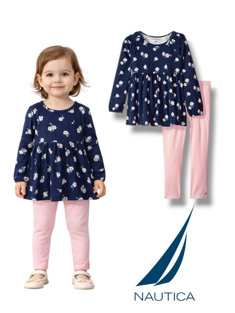 NAUTICA Kids Navy & Pink Floral Top & Leggings Set NWT Size 12M